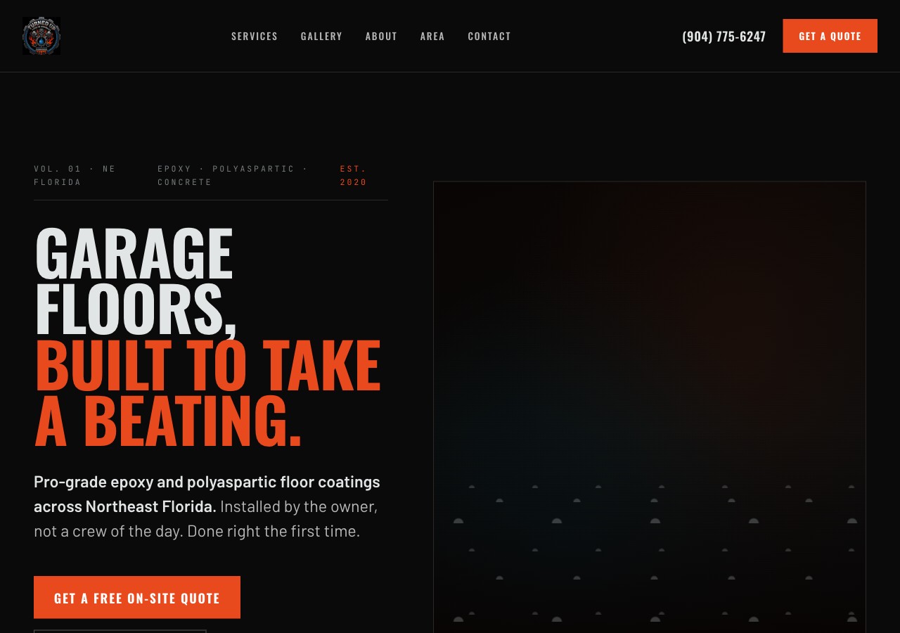 Garage Built direction — car-magazine layout with big section numbers and confident typography