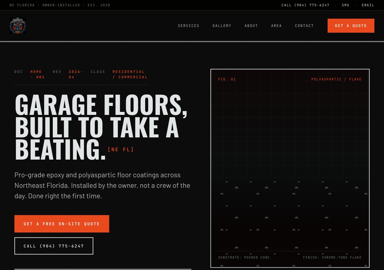 Shop Floor direction — industrial spec-sheet style with monospace labels and bordered tables